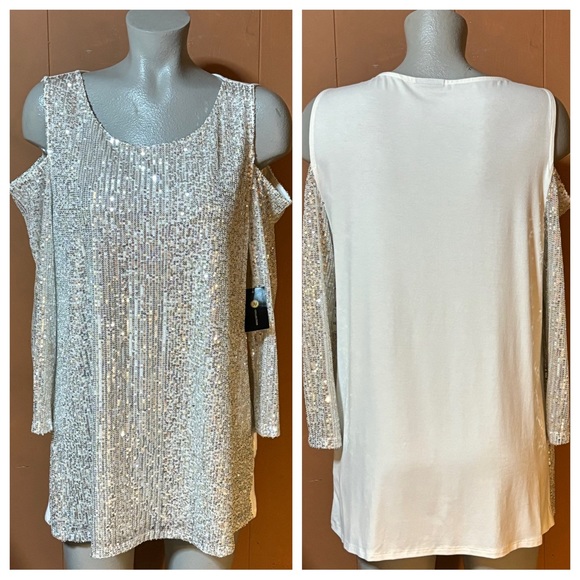 NWT JM Collection Silver Sequin Cold Shoulder Top L - Picture 7 of 11